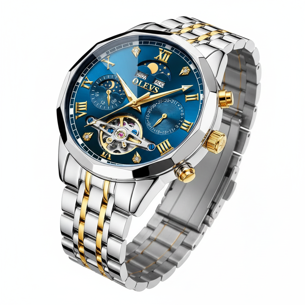 OLEVS Automatic Watches for Men Stainless Steel Moon Phase  Skeleton Flywheel Mechanical Men's Wristwatch Luxury Man Watch 6620