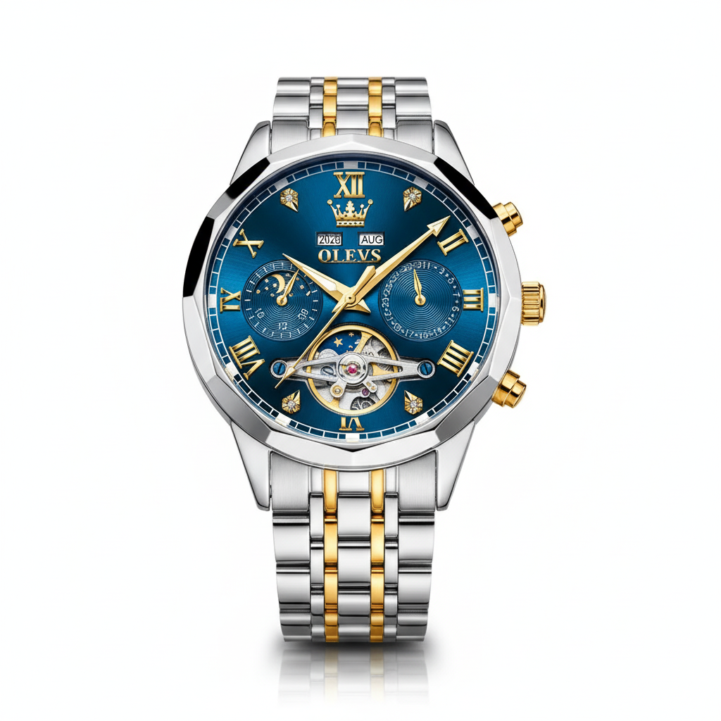 OLEVS Automatic Watches for Men Stainless Steel Moon Phase  Skeleton Flywheel Mechanical Men's Wristwatch Luxury Man Watch 6620