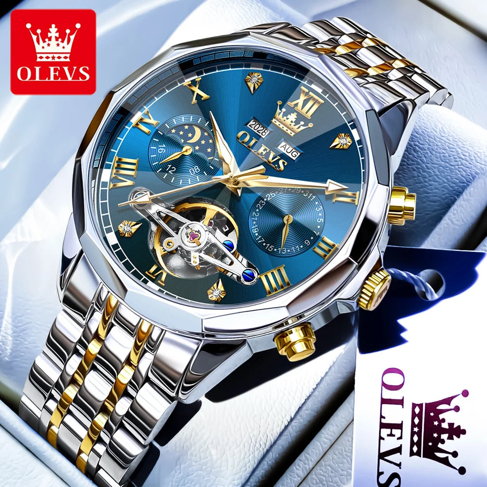 OLEVS Automatic Watches for Men Stainless Steel Moon Phase  Skeleton Flywheel Mechanical Men's Wristwatch Luxury Man Watch 6620