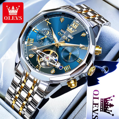 OLEVS Automatic Watches for Men Stainless Steel Moon Phase  Skeleton Flywheel Mechanical Men's Wristwatch Luxury Man Watch 6620