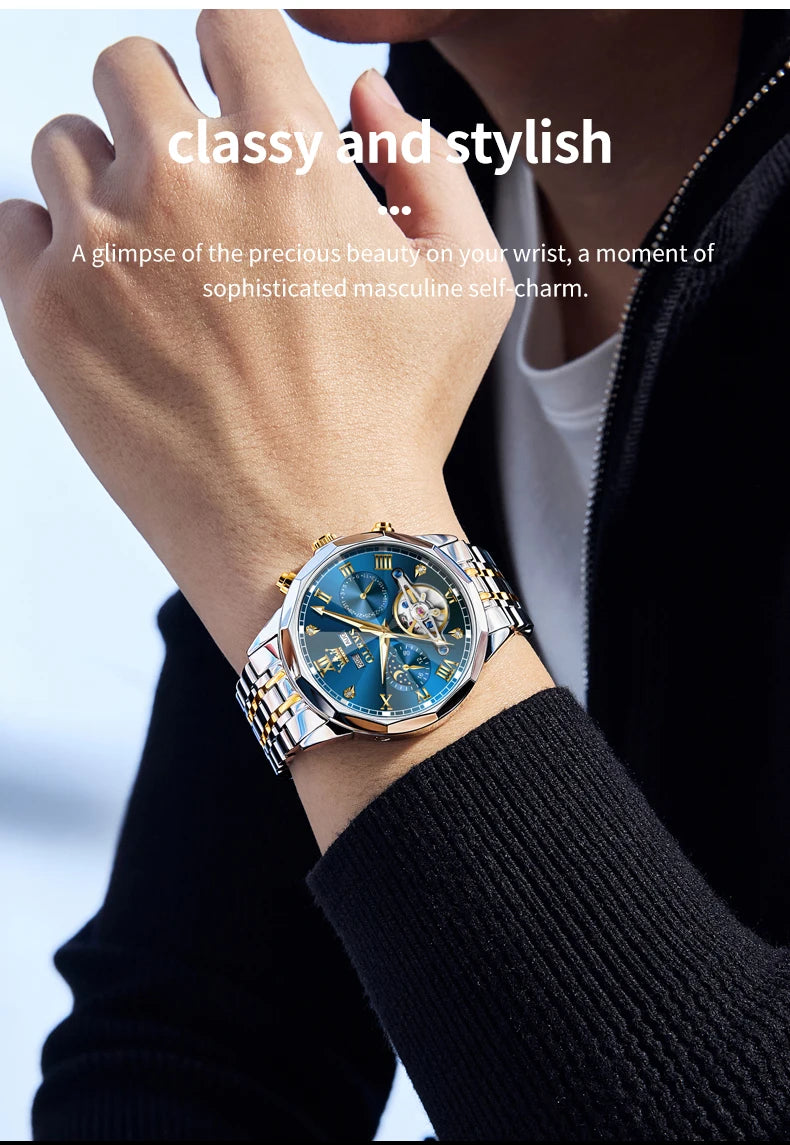 OLEVS Automatic Watches for Men Stainless Steel Moon Phase  Skeleton Flywheel Mechanical Men's Wristwatch Luxury Man Watch 6620