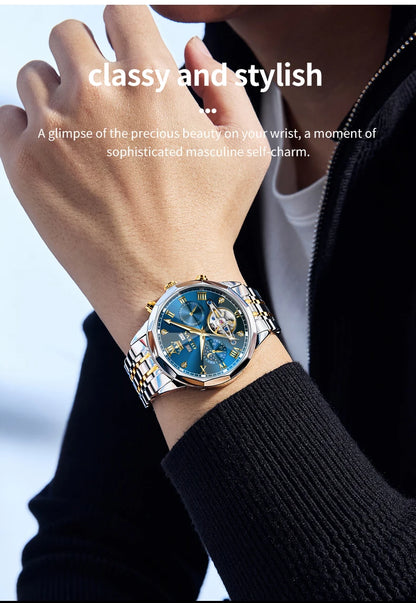 OLEVS Automatic Watches for Men Stainless Steel Moon Phase  Skeleton Flywheel Mechanical Men's Wristwatch Luxury Man Watch 6620