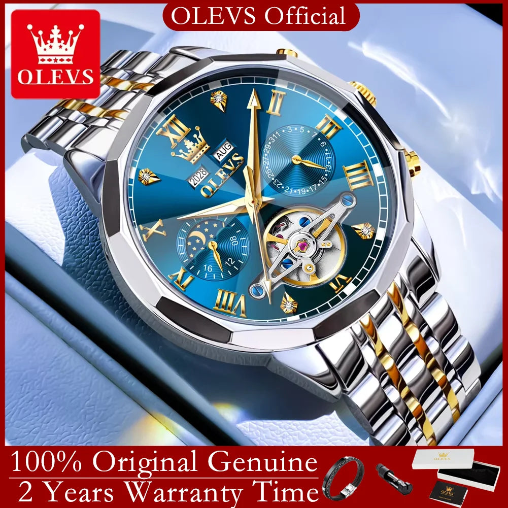 OLEVS Automatic Watches for Men Stainless Steel Moon Phase  Skeleton Flywheel Mechanical Men's Wristwatch Luxury Man Watch 6620