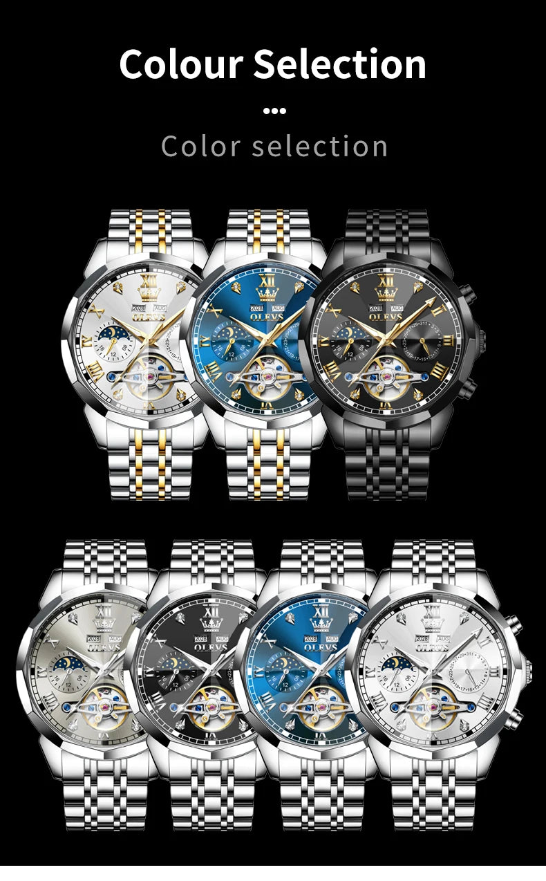 OLEVS Automatic Watches for Men Stainless Steel Moon Phase  Skeleton Flywheel Mechanical Men's Wristwatch Luxury Man Watch 6620