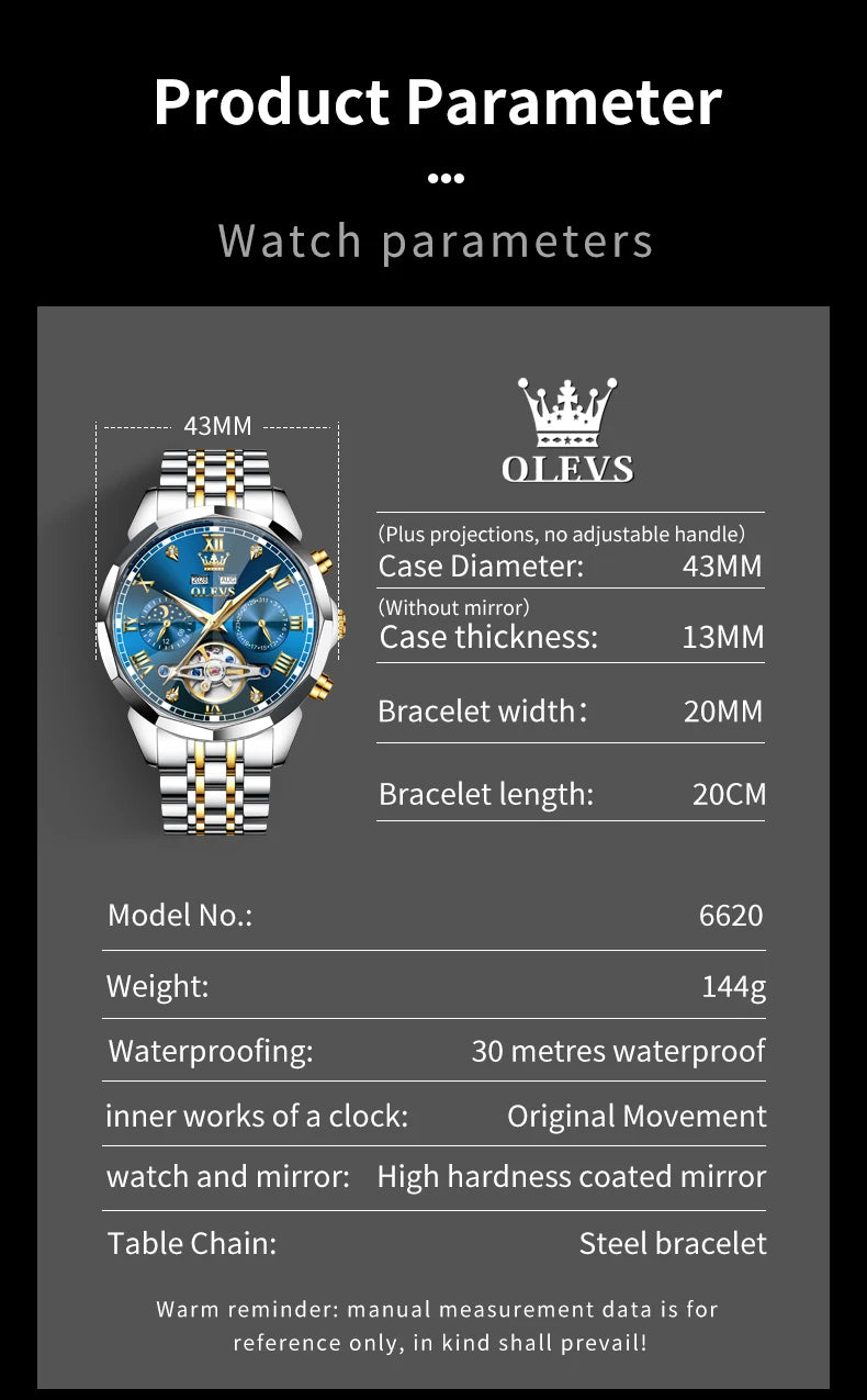 OLEVS Automatic Watches for Men Stainless Steel Moon Phase  Skeleton Flywheel Mechanical Men's Wristwatch Luxury Man Watch 6620
