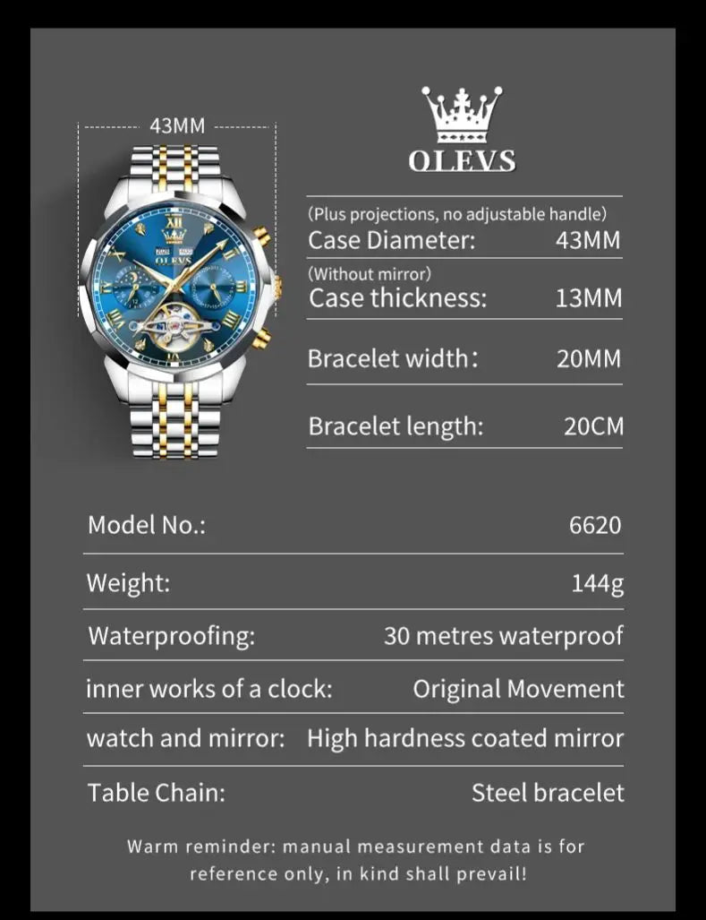 OLEVS Automatic Watches for Men Stainless Steel Moon Phase  Skeleton Flywheel Mechanical Men's Wristwatch Luxury Man Watch 6620