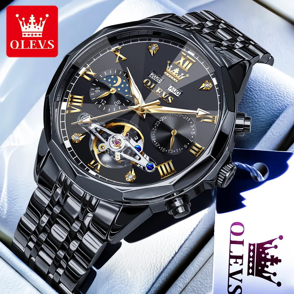 OLEVS Automatic Watches for Men Stainless Steel Moon Phase  Skeleton Flywheel Mechanical Men's Wristwatch Luxury Man Watch 6620