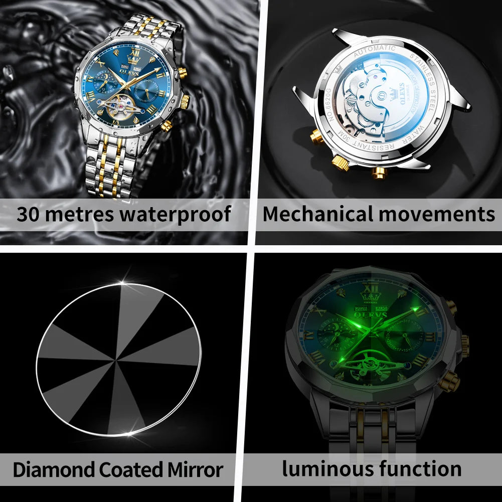 OLEVS Automatic Watches for Men Stainless Steel Moon Phase  Skeleton Flywheel Mechanical Men's Wristwatch Luxury Man Watch 6620