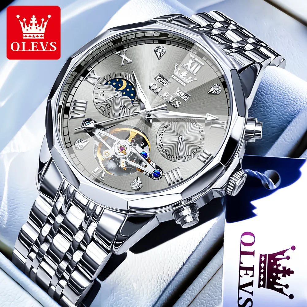 OLEVS Automatic Watches for Men Stainless Steel Moon Phase  Skeleton Flywheel Mechanical Men's Wristwatch Luxury Man Watch 6620