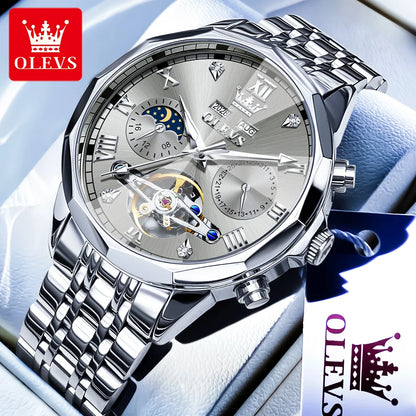 OLEVS Automatic Watches for Men Stainless Steel Moon Phase  Skeleton Flywheel Mechanical Men's Wristwatch Luxury Man Watch 6620