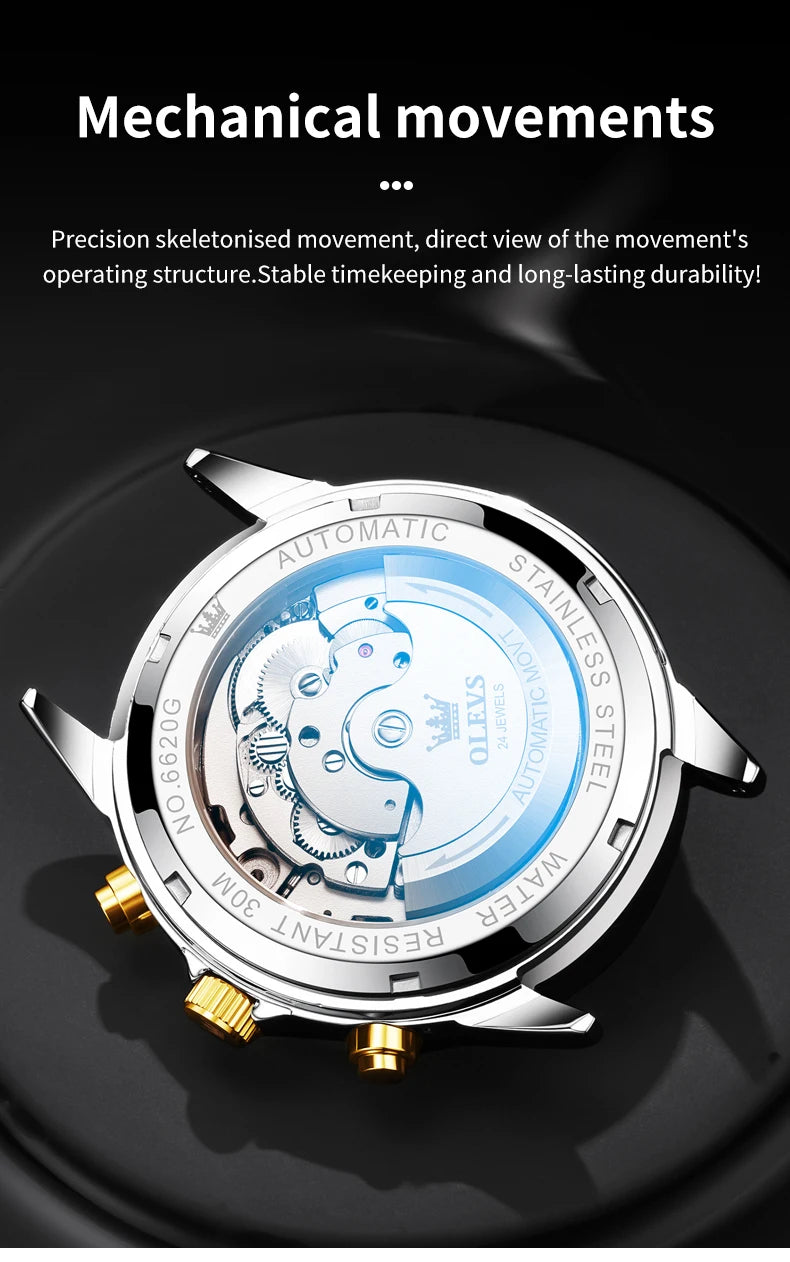 OLEVS Automatic Watches for Men Stainless Steel Moon Phase  Skeleton Flywheel Mechanical Men's Wristwatch Luxury Man Watch 6620
