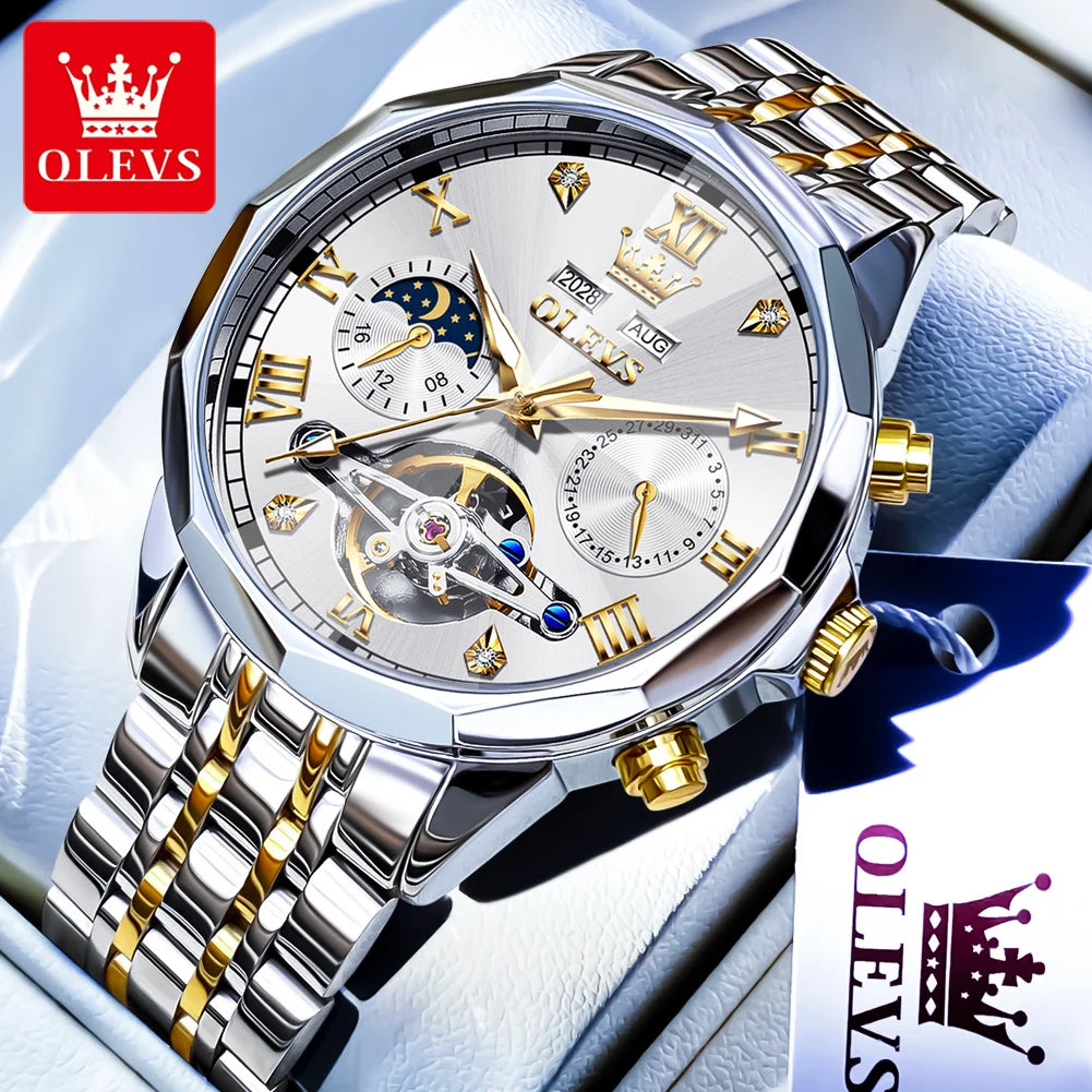 OLEVS Automatic Watches for Men Stainless Steel Moon Phase  Skeleton Flywheel Mechanical Men's Wristwatch Luxury Man Watch 6620