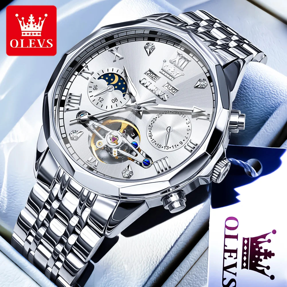OLEVS Automatic Watches for Men Stainless Steel Moon Phase  Skeleton Flywheel Mechanical Men's Wristwatch Luxury Man Watch 6620