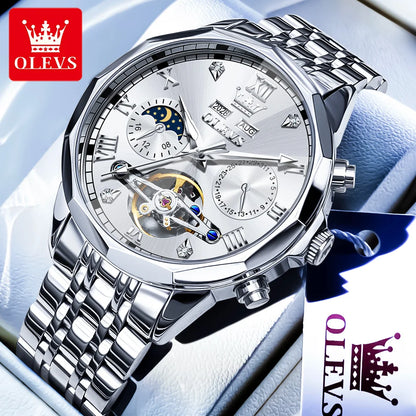 OLEVS Automatic Watches for Men Stainless Steel Moon Phase  Skeleton Flywheel Mechanical Men's Wristwatch Luxury Man Watch 6620