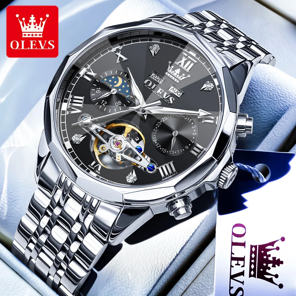 OLEVS Automatic Watches for Men Stainless Steel Moon Phase  Skeleton Flywheel Mechanical Men's Wristwatch Luxury Man Watch 6620