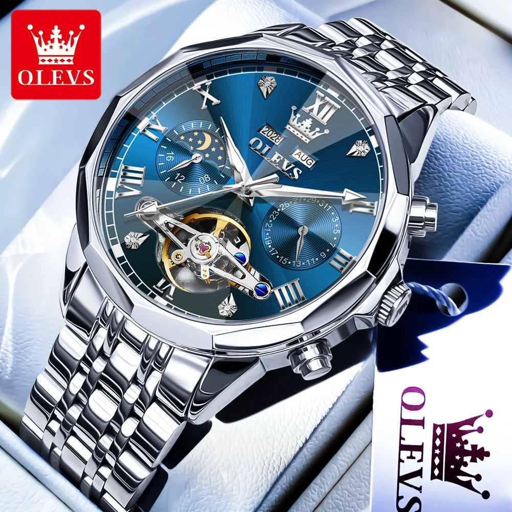 OLEVS Automatic Watches for Men Stainless Steel Moon Phase  Skeleton Flywheel Mechanical Men's Wristwatch Luxury Man Watch 6620