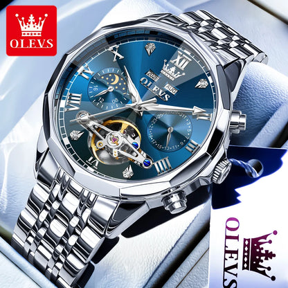 OLEVS Automatic Watches for Men Stainless Steel Moon Phase  Skeleton Flywheel Mechanical Men's Wristwatch Luxury Man Watch 6620