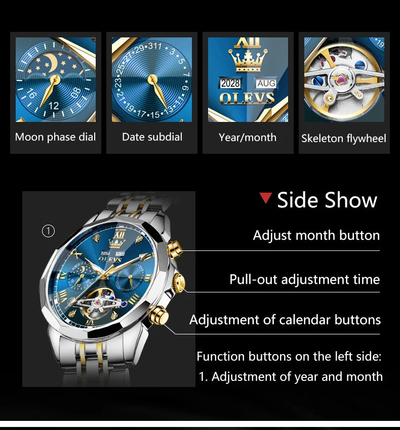OLEVS Automatic Watches for Men Stainless Steel Moon Phase  Skeleton Flywheel Mechanical Men's Wristwatch Luxury Man Watch 6620