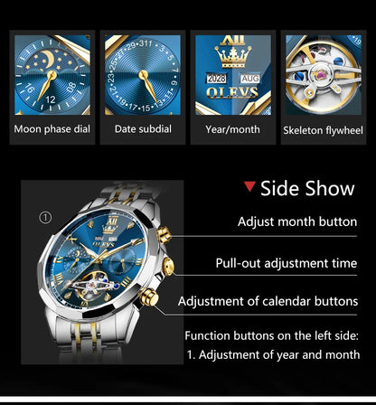OLEVS Automatic Watches for Men Stainless Steel Moon Phase  Skeleton Flywheel Mechanical Men's Wristwatch Luxury Man Watch 6620